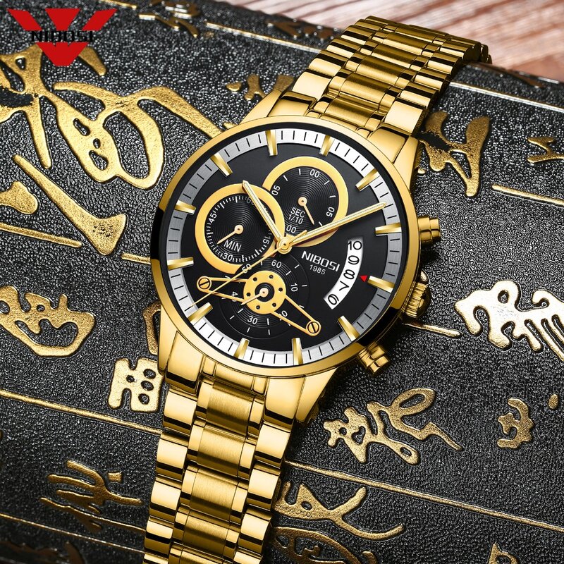 relogio nibosi relogio masculino Chronograph Mens Relógios de Luxo Da Marca Relógio De Ouro Dos Homens de Negócios Do Esporte Militar relógio de Pulso Relógio de Quartzo