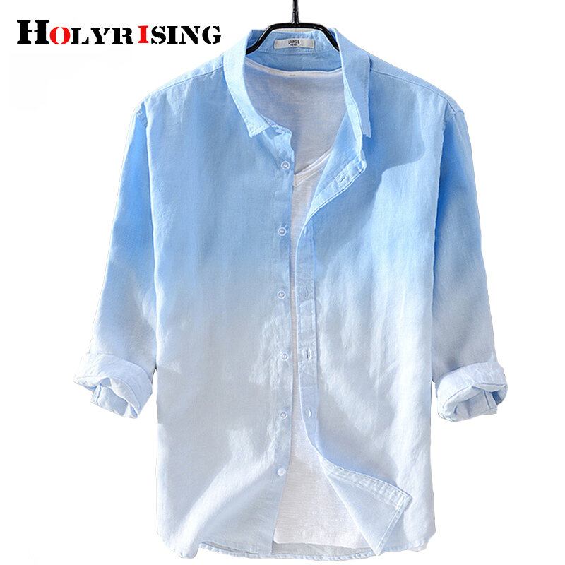 Holyrising Mới mùa hè của nam giới 100% áo sơ mi vải lanh Bảy quý tay áo áo sơ mi mens gradient màu xanh nam áo sơ mi giản dị 18815 -5