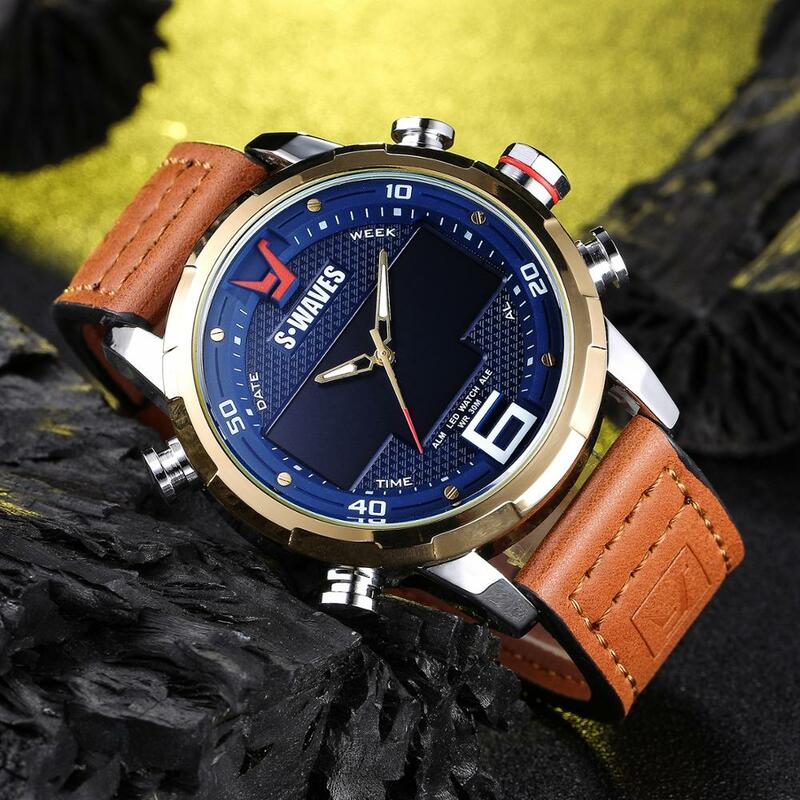 SWAVES Great Brand Watches Leather Sport Men's Watch Quartz LED Digital Clock Water Resistant Military Wristwatch SW2056P