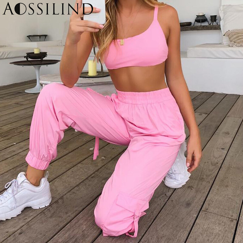 Женский спортивный костюм AOSSILIND, комплект из двух предметов: укороченный топ на бретельках с открытой спиной и брюки, на лето, 2019