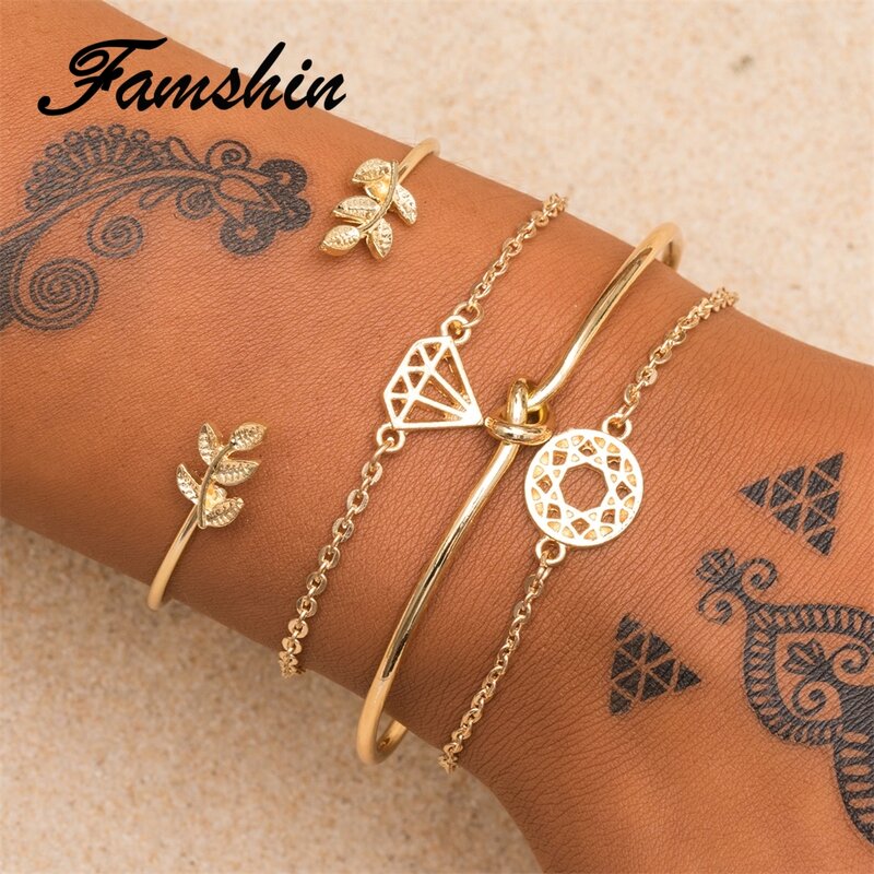 FAMSHIN 4 Pcs/Set Women Fashion Geometric Leaf Round Knotted Bracelet Summer Alloy Bohemian Gold Color Bracelet Jewelry Women