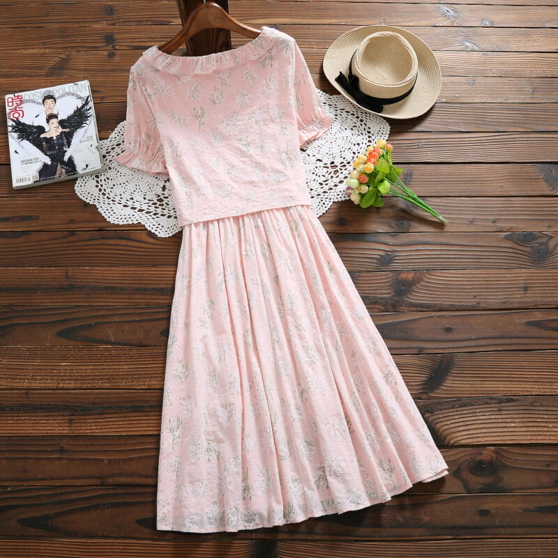 2018 new arrival japanese fashion cotton linen floral dress women short sleeve flower sweet dress