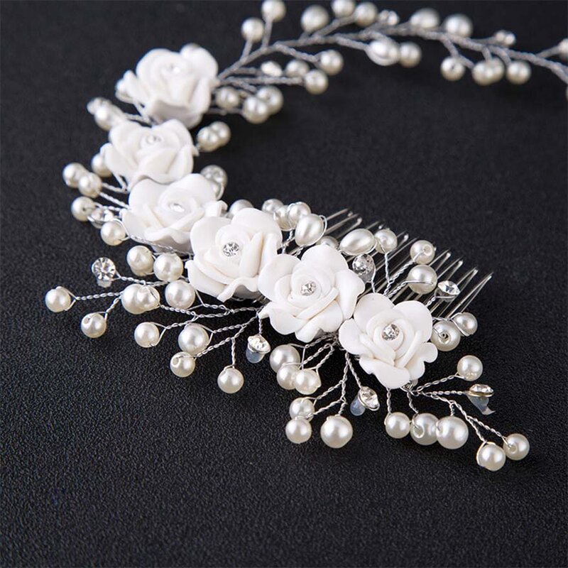 MOLANS Delicate Handmade Pearl Floral Headbands for Bride Wedding Ornament Alloy Twisted with Hair Comb for Temperament Women