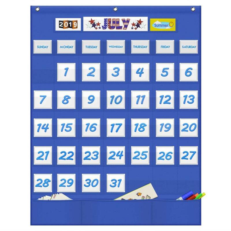 Tabla de bolsillo del calendario mensual del aula de Godery con 43 bolsillos transparentes, 3 bolsillos de almacenamiento para facilitar la pared o la tabla del soporte