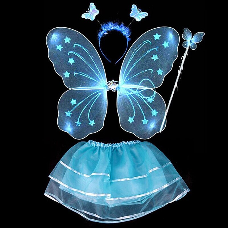 4 個子供ガールズフェアリープリンセス衣装セットカラフルなステージ摩耗蝶の羽杖ヘッドバンドチュチュスカート