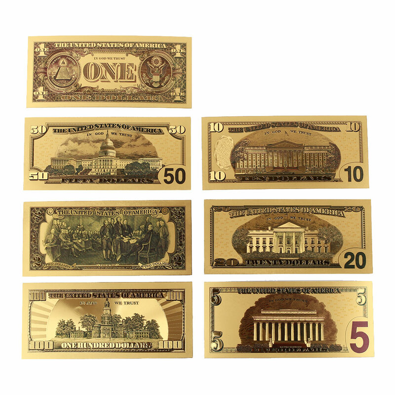 7PCS/Set Gold Plated Dollar Banknotes 1/2/5/10/20/50/100 Dollar Gold Antique Plated USA Souvenir Fake Money Home Decoration