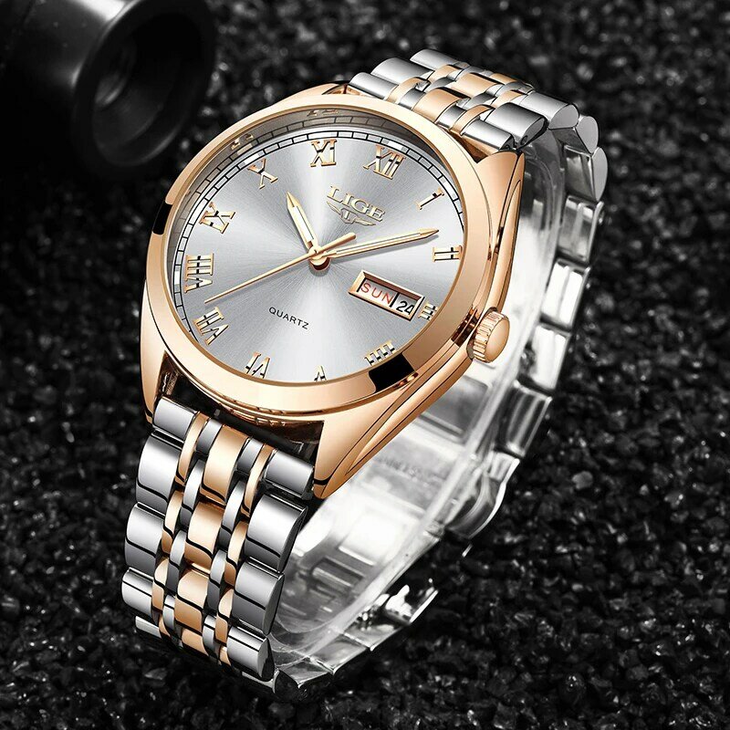 Lige 2019 relógio de pulso feminino ouro branco, relógio de quartzo marca de luxo casual para mulher + caixa