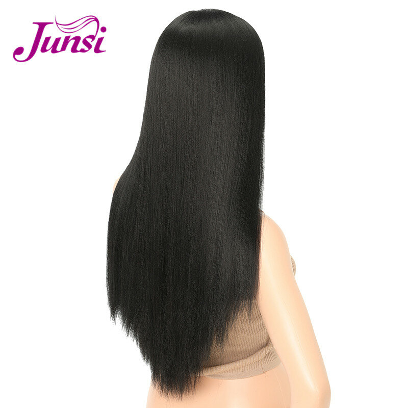 JUNSI-شعر مستعار ياكي صناعي طويل للنساء ، شعر ياكي أسود ناعم ، ألياف مقاومة للحرارة ، شعر طبيعي