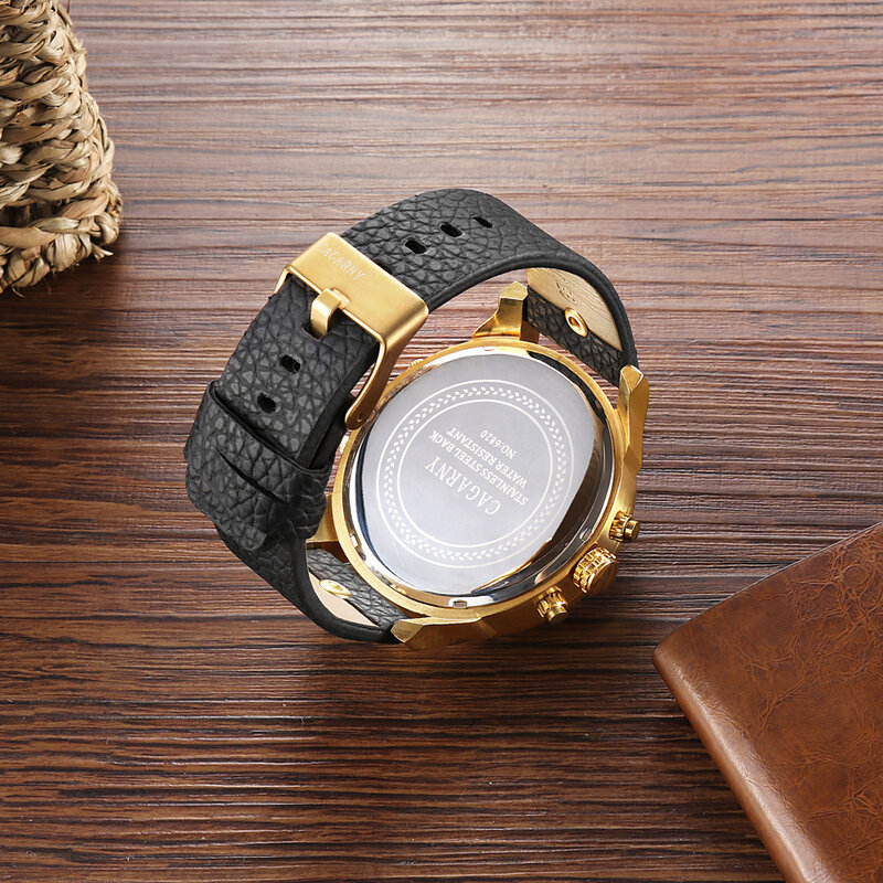 Cagarny Luxury Brand Wrist Watch Mens Gold Quartz Watch Men Leather Sport Watches Dual Display Military Relogio Masculino XFCS