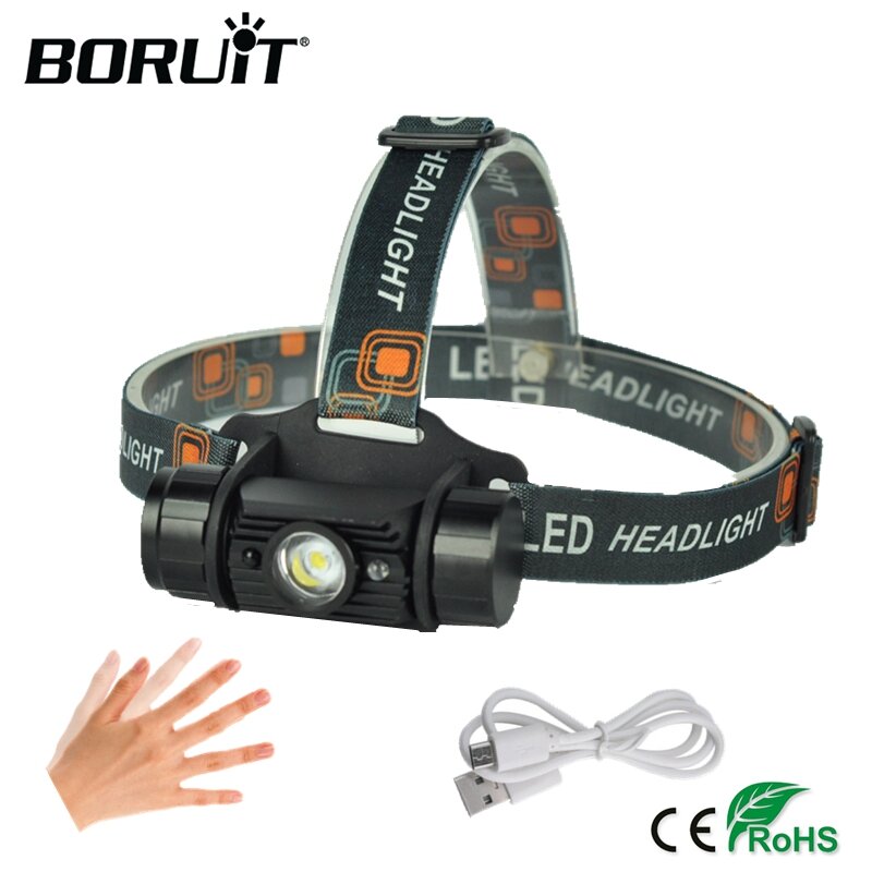 BORUiT-Mini faro LED XPE con Sensor de movimiento IR, linterna de cabeza impermeable recargable 18650, 1000LM, para Camping y caza