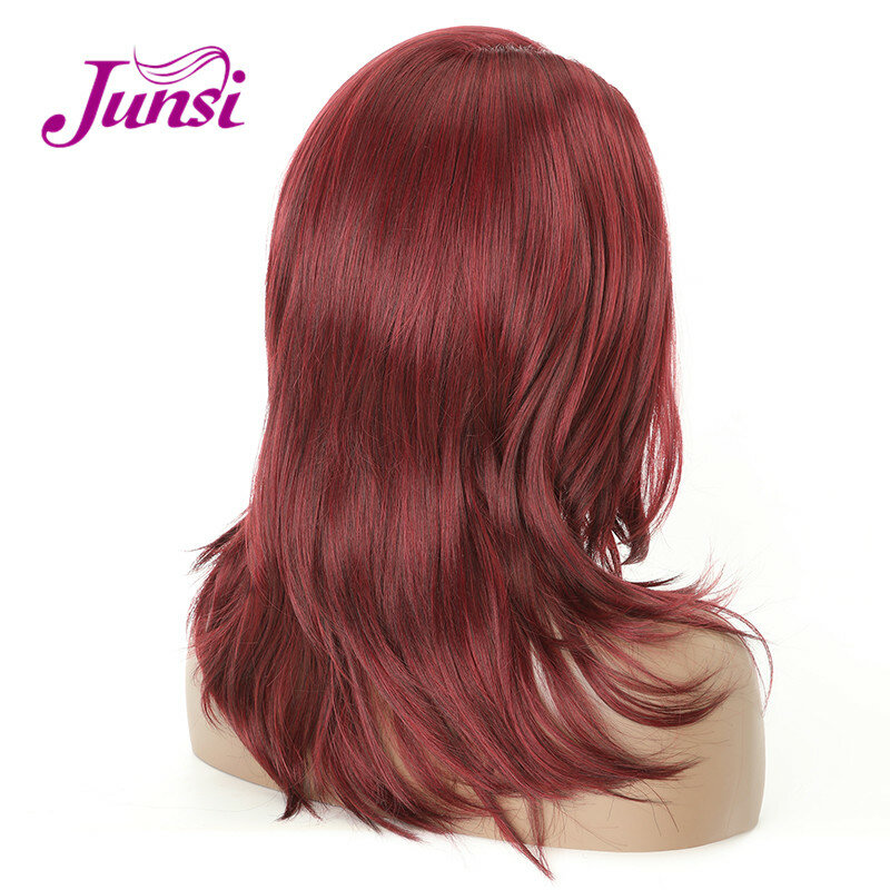 JUNSI-Peluca de cabello sintético resistente al calor para mujer, cabellera corta con malla frontal, color rojo vino, onda Natural