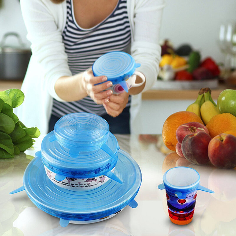 6pcs Transparent Silicone Stretch Lids Blue Magnetic Microwave Cove Blue Various Size Silicone Reusable Food Fresh Keeping Lid
