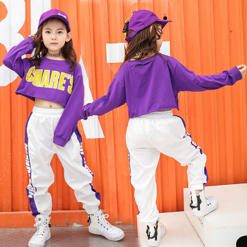 Criança legal hip hop roupas moletom colheita topo manga longa t camisa camisa camisa branca jogger streetwear calças para meninas jazz dança roupas
