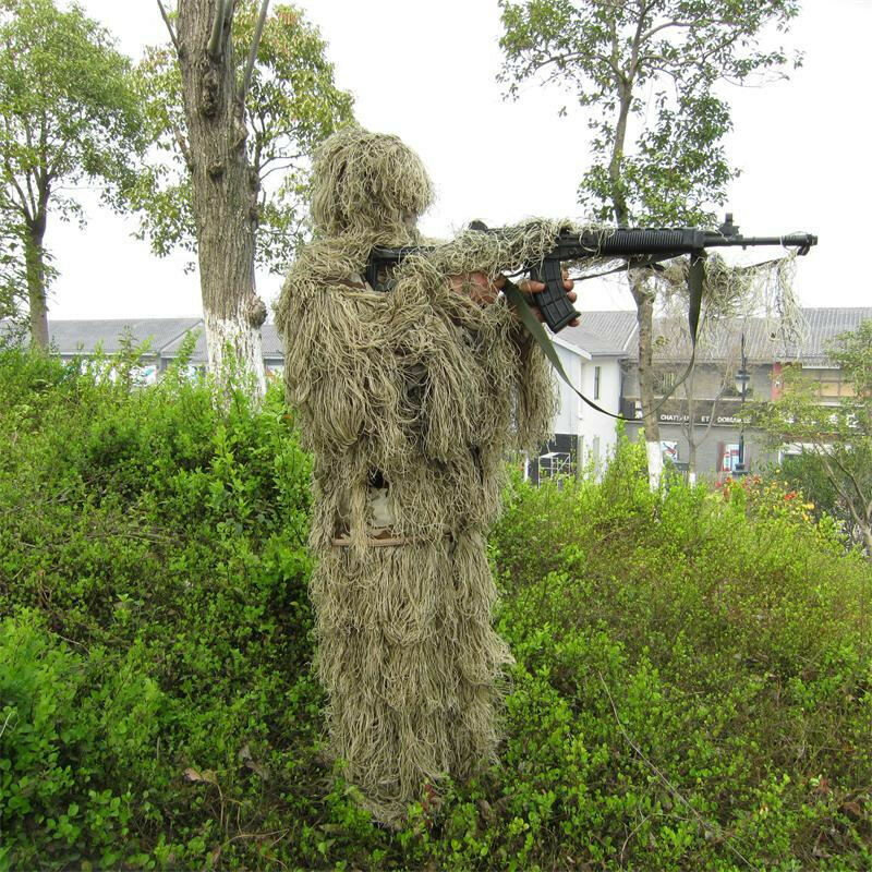 Costume Ghillie camouflage désert 3D pour hommes, veste, pantalon, couvre-tête, fusil, vêtements de chasse