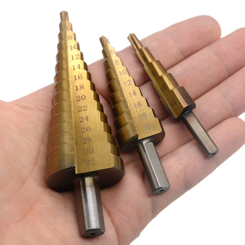 Broca escalonada de titanio de acero HSS, brocas de 3-12mm, 4-12mm, 4-20mm, herramientas de corte de cono, acero para carpintería, perforación de Metal y madera