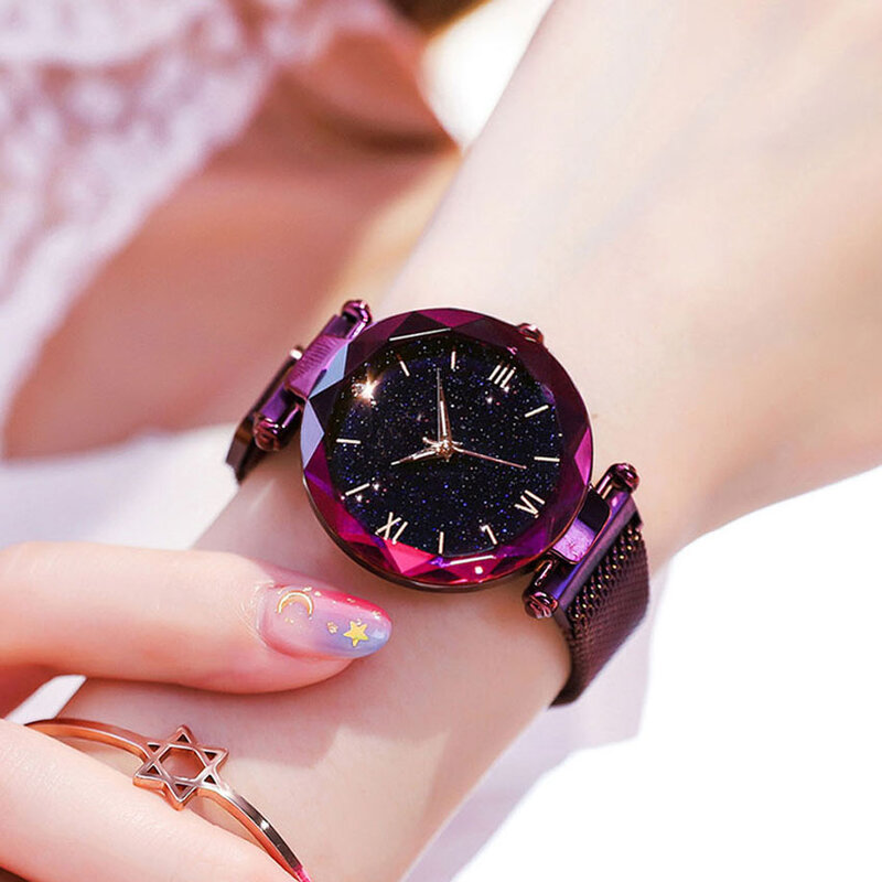Relojes de lujo con hebilla magnética para mujer, pulsera de oro rosa, cielo estrellado, Número Romano, regalo para chica, 2020
