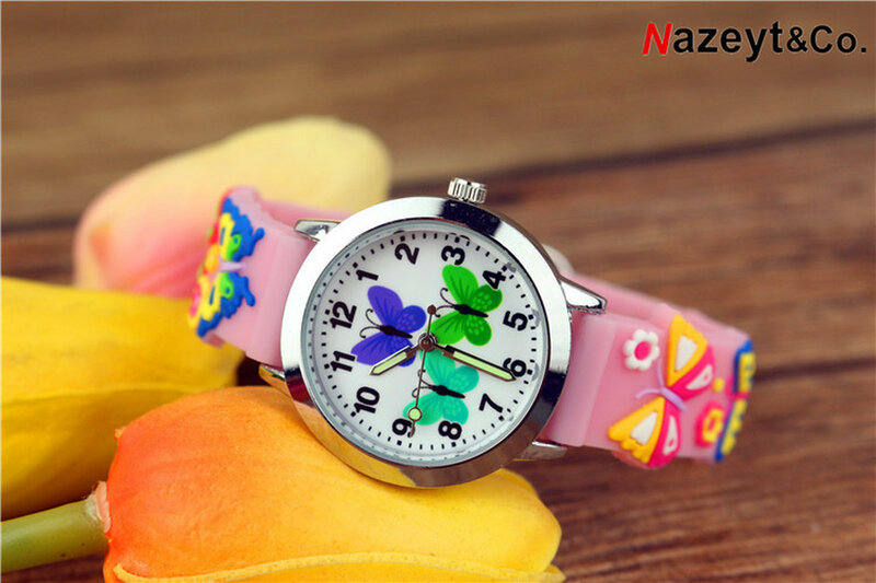 Nowy świecący żel krzemionkowy dziecięcy zegarek na rękę kreskówka niebieski i zielony motyl 3D kwarcowy zegarek