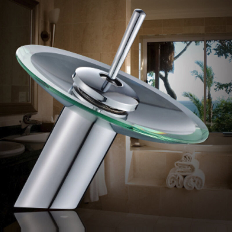 Robinet mitigeur de lavabo finition chromée, robinets de lavabo élégant de salle de bains, robinets d'évier bord en verre poli, robinet avec tuyau d'entrée d'eau