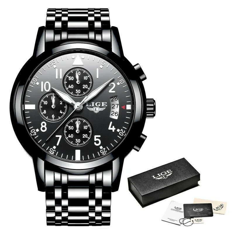 LIGE Luxury แฟชั่นธุรกิจ Quartz นาฬิกาผู้ชายกีฬาเหล็กทั้งหมดกันน้ำสีดำนาฬิกา Erkek Kol Saati + กล่อง