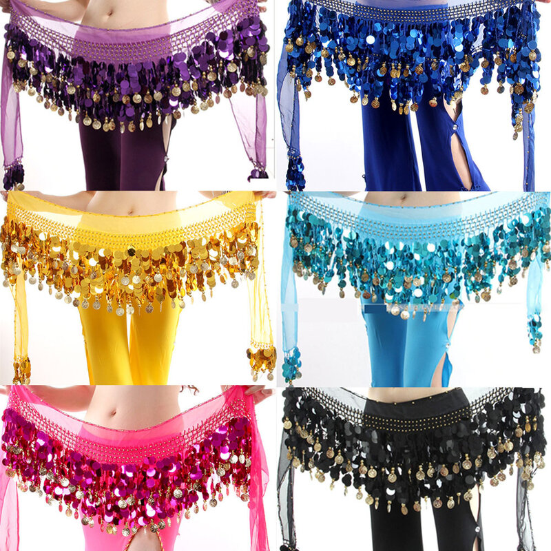 Kobiety kolorowe brzuch kostium tancerza etap i ubrania taneczne chusta na biodra Wrap cekiny pas 58 monety spódnice szyfonowe