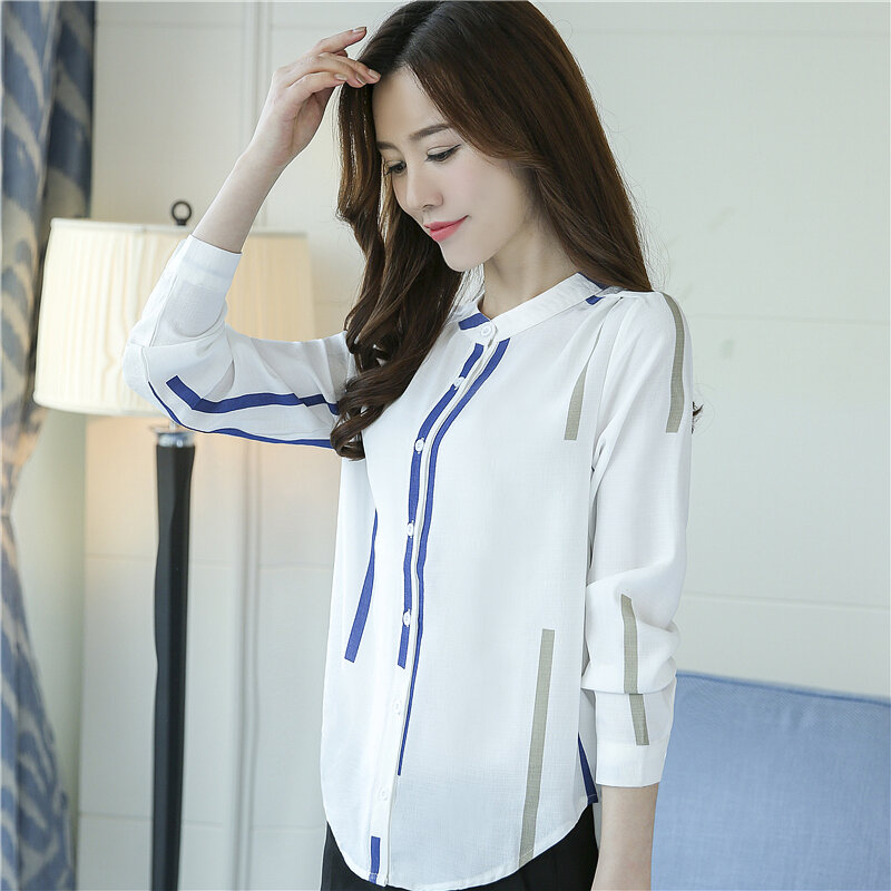 Blusa feminina manga longa elegante branca, camisa para mulheres slim ol  social blusa feminina listrada coreana / Blusas e camisas