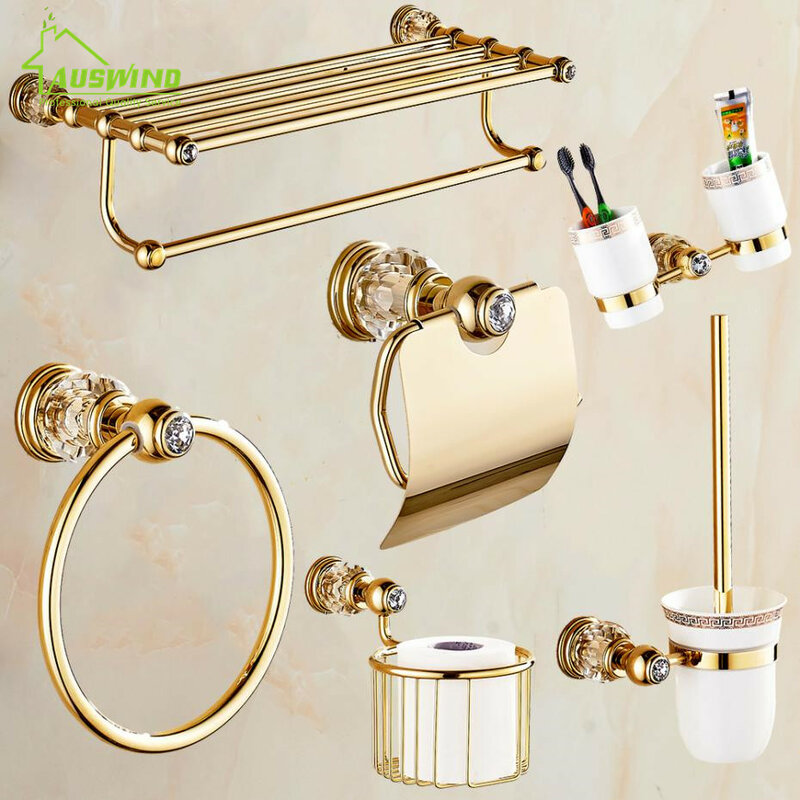 Ensemble d'accessoires de salle de bains en laiton cristal or, luxe européen, ensemble d'accessoires de salle de bains, porte-savon en or, porte-serviettes en papier, envoyer depuis la russie