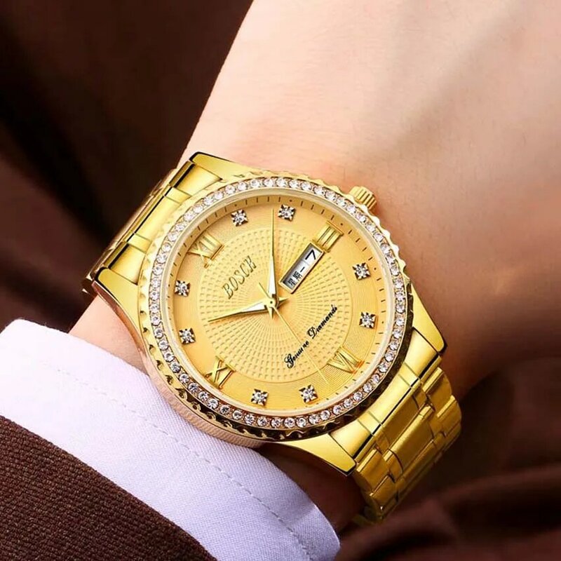 Relógio masculino luxuoso 2020, relógio de pulso luminoso de ouro e diamante, de aço de quartzo com calendário