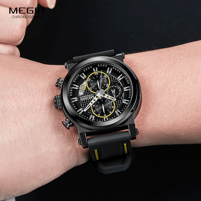 Megir – montre de sport à Quartz pour hommes, bracelet en Silicone, chronographe, montre-bracelet de l'armée, étanche, 3 barres, noir, 2100
