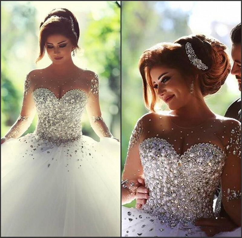 Incrível novo vestido de casamento sheer mangas cristal frisado princesa vestidos de noiva romântico vestidos de noiva