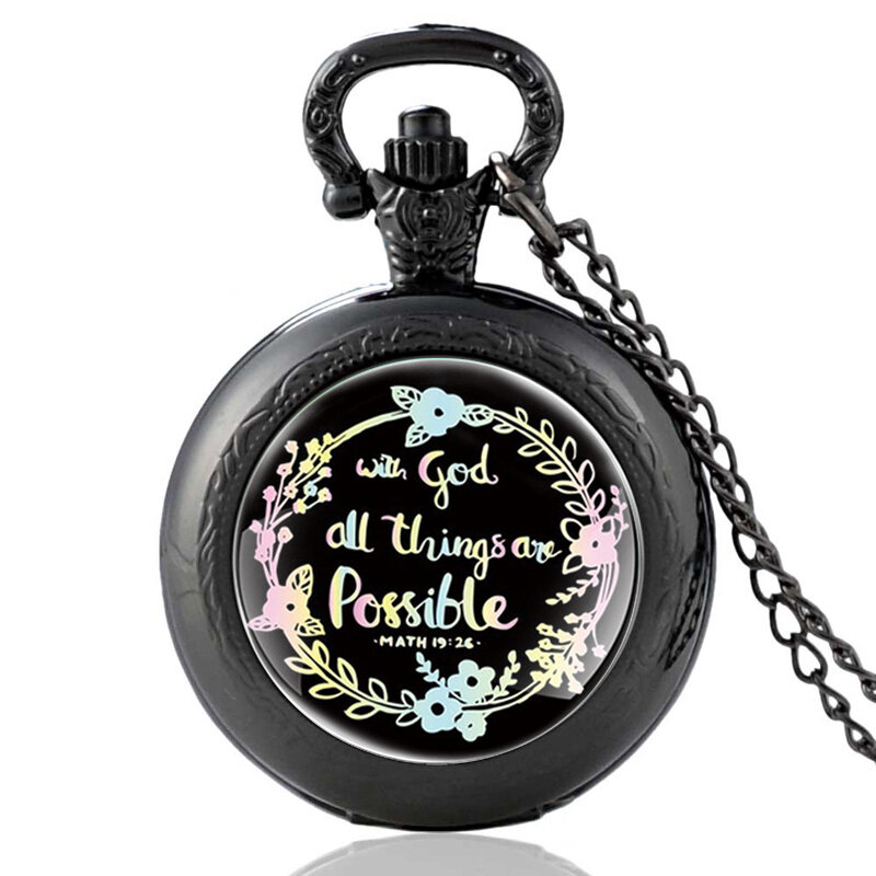 With God All thing Are Possible  (Math 46:5) Bible Quote Faith Quartz Pocket Watch Bible Verse Necklace Christian Party Gift