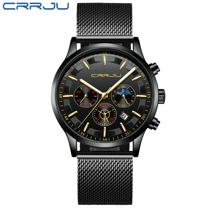 Top Marke CRRJU Männer Mesh Quarzuhr Mode Multi-funktion Chronograph Armbanduhr Luxus Wasserdichte Mond Phase Datum Uhr