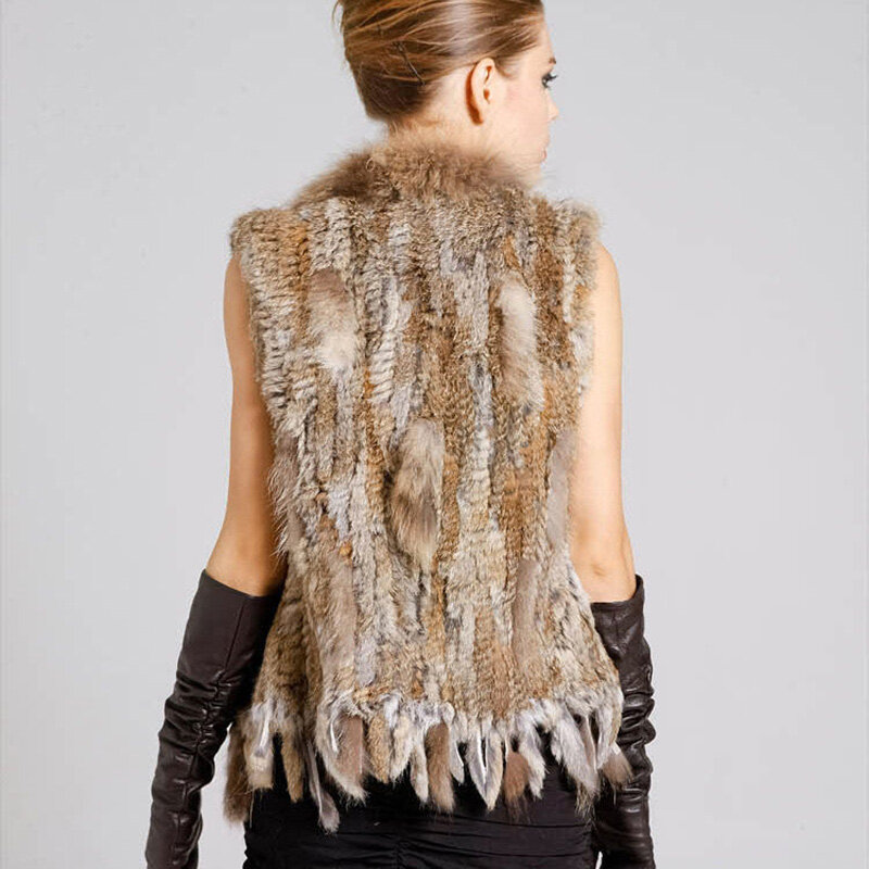 HSPL Fur Vest Bất Rabbit Phụ Nữ Gilet Với Fur Cắt Tua Nữ Áo Ghi Lê Lady Lông Thú Thật Gilet Colete Feminino De inverno
