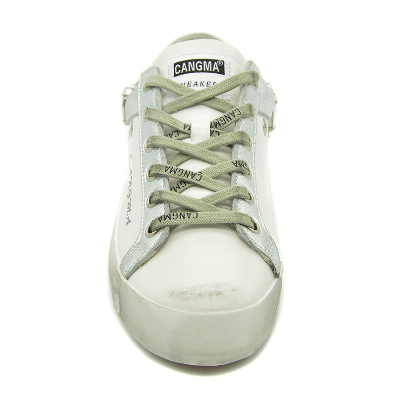 Sangma-zapatillas de deporte informales para mujer, zapatos planos de piel auténtica, color blanco diamante y plateado, con logotipo personalizado