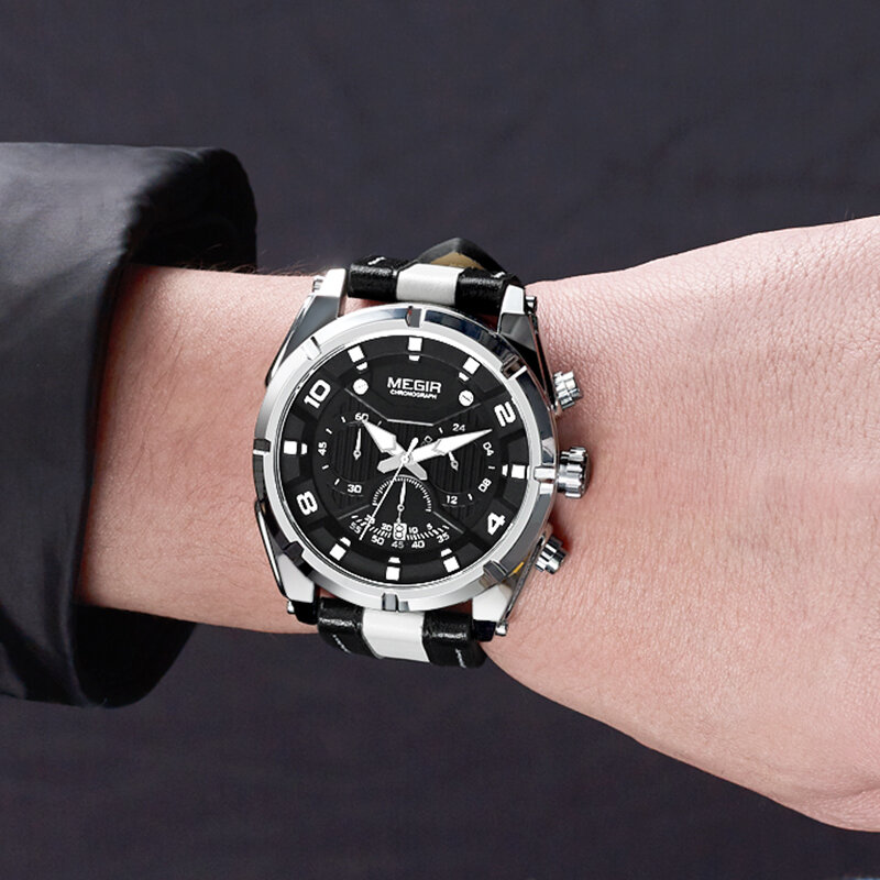 MEGIR-relojes deportivos de lujo para hombre, pulsera de cuarzo con correa de cuero, resistente al agua, Masculino