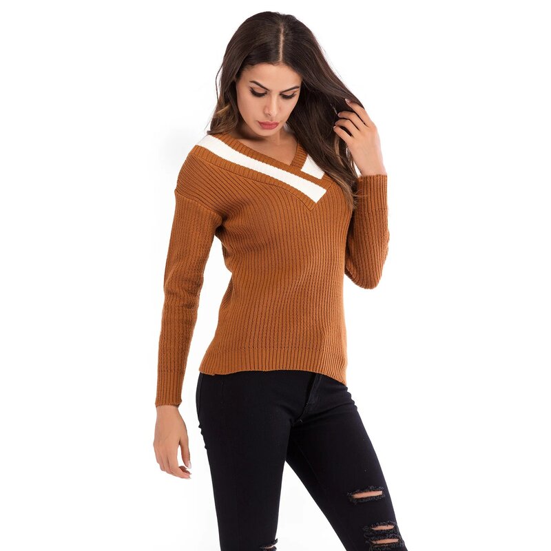 Womens Winter V Neck Patchwork Contrast Color Long Sleeves Knit Crochet Sweater for Woman Lady Autumn Fall Pullover Top Sweaters