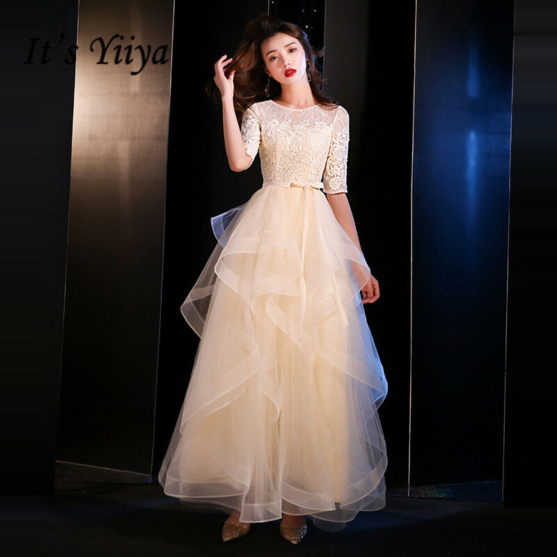 YiiYa – robe de soirée élégante, col rond, demi-manches, forme trapèze, robes d'occasion, modèle 2019, LX1396, à lacets