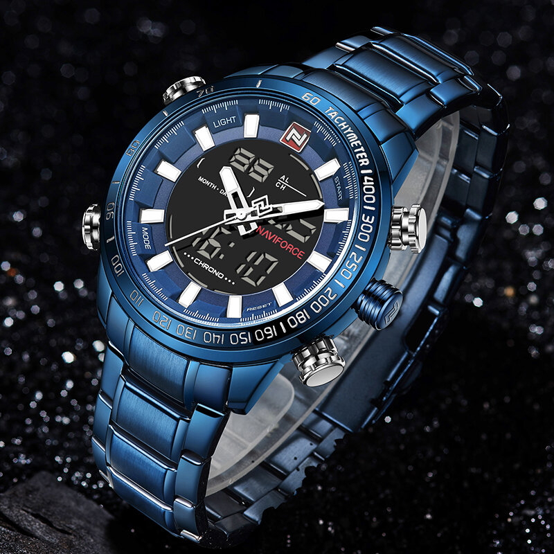 NAVIFORCE zegarek męski Sport męski pełny stalowy kwarcowy zegar cyfrowy wodoodporny zegarek Relogio Masculino niebieski zegar Dropshipping godzina