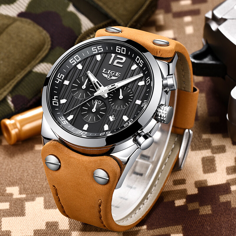 LIGE-reloj analógico con correa de cuero para hombre, accesorio de pulsera de cuarzo resistente al agua con cronógrafo, complemento masculino deportivo de marca de lujo con diseño militar
