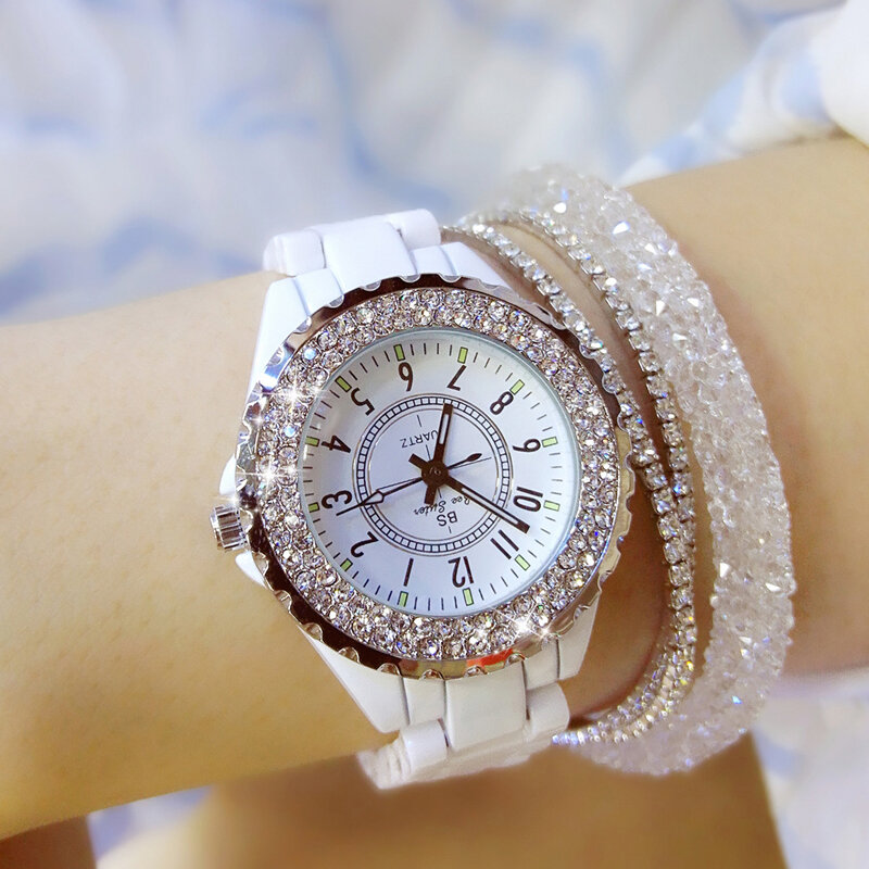 Luksusowe znane damskie zegarki kwarcowe diament moda kobieta zegarek biały pasek ceramiczny bransoletka zegarek damski Relogio Feminino