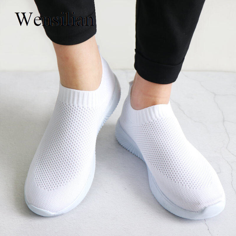 Zapatillas tipo calcetín para mujer, zapatillas blancas de punto vulcanizadas, zapatos de malla sin cordones, Tenis planos femeninos