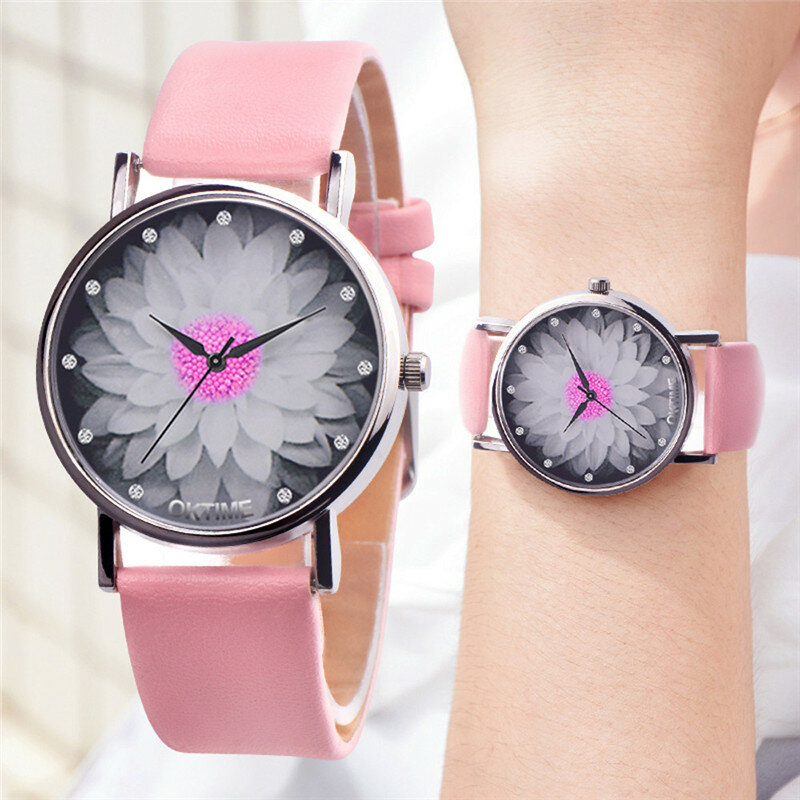 Hot Koop Brand Eenvoudige Trend Vrouwen Horloges Elegante Lotus Print Strass Horloge Lederen Band Dames Quartz Horloges Klok # B