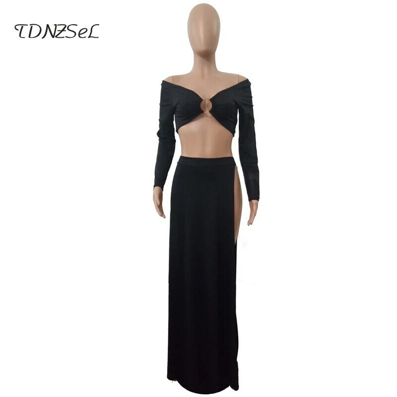 Women Sexy Club Black Crop Tops Long Skirts 2 Two Pieces Sets Off Shoulder Long Sleeve Strapless Side High Split Hollow Out Slim