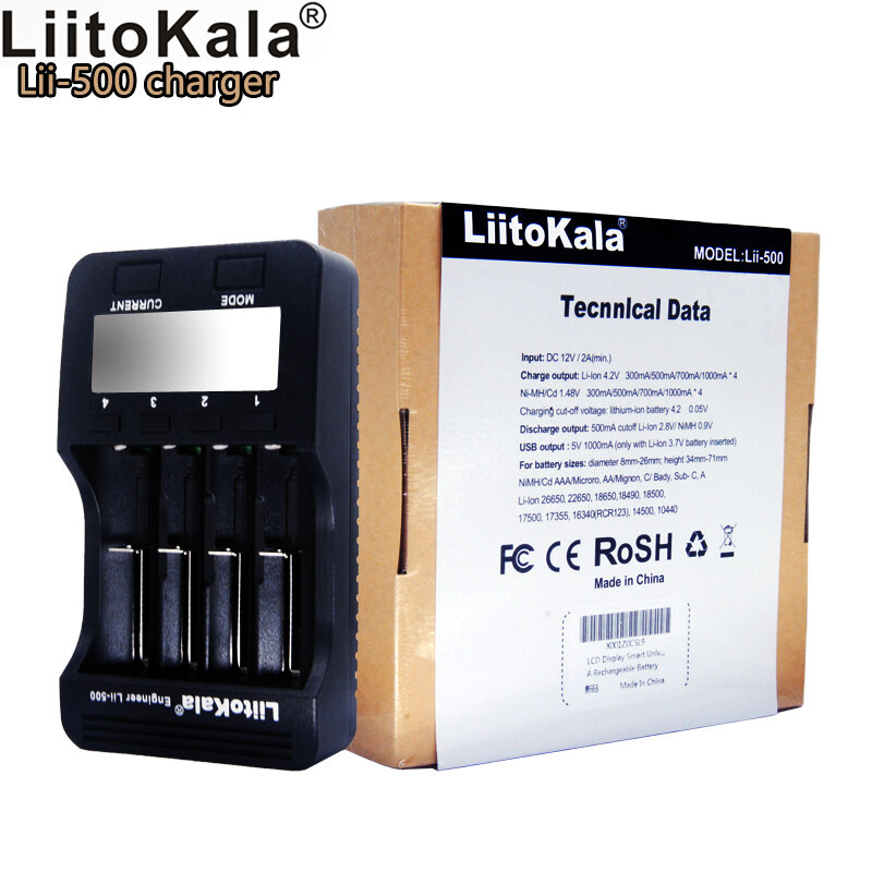 Liitokala-cargador de batería con pantalla LCD, lii-500 de 3,7 V/1,2 V AA/AAA/ 18650/26650/16340/14500/10440/18500, adaptador de 12V y 2a, Lii-500