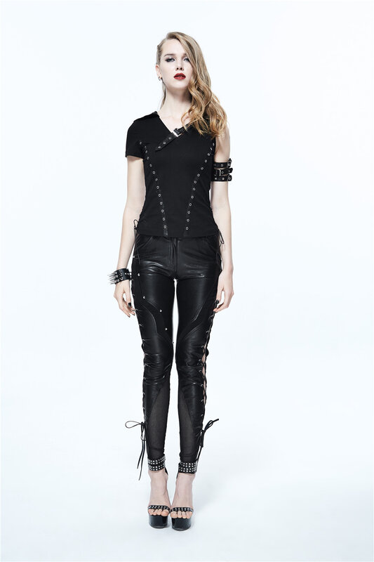 Calças de couro steampunk femininas, calças góticas para mulheres, justas, ajustadas, casuais, pretas