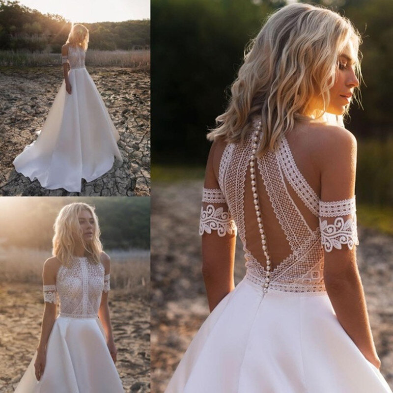 Богемное свадебное платье, кружевное атласное платье-трапеция на пуговицах сзади, свадебное платье