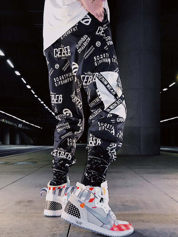 #28 Pantalones bombachos con bolsillo de bloque para hombre,Joggers Cargo,grafiti,estampado de letras de estilo Hip Hop,de chándal,informales,para baile 