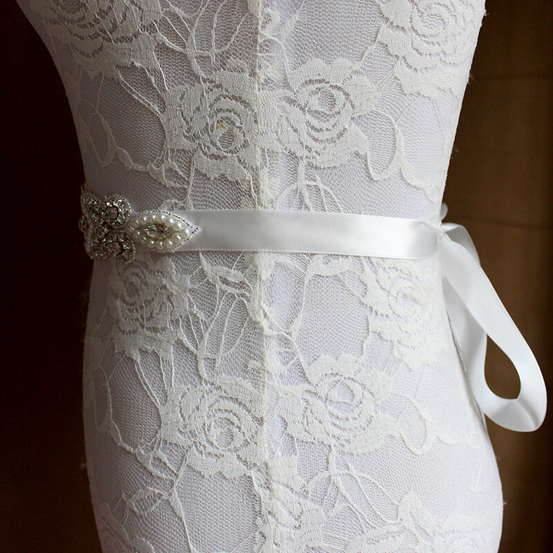 Ngọc trai và pha lê rhinestone wedding bridal vành đai và sash (26x5 cm)