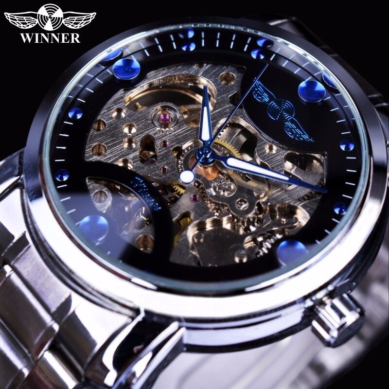 Relógio winner azul oceano, moderno, casual, designer, aço inoxidável, masculino, esqueleto, marca de luxo, relógio automático
