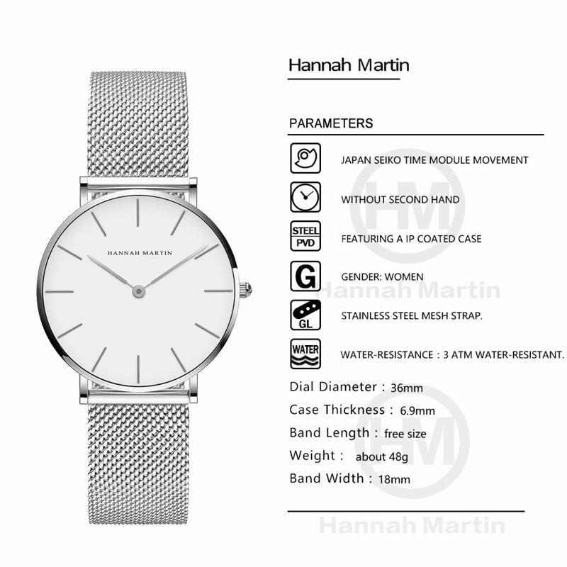 Hannah Martin Quartz Jurk Vrouwen Horloges Zilveren Armband Dames Horloge Roestvrij Staal Klok Casual Waterdicht Horloge Vrouwen
