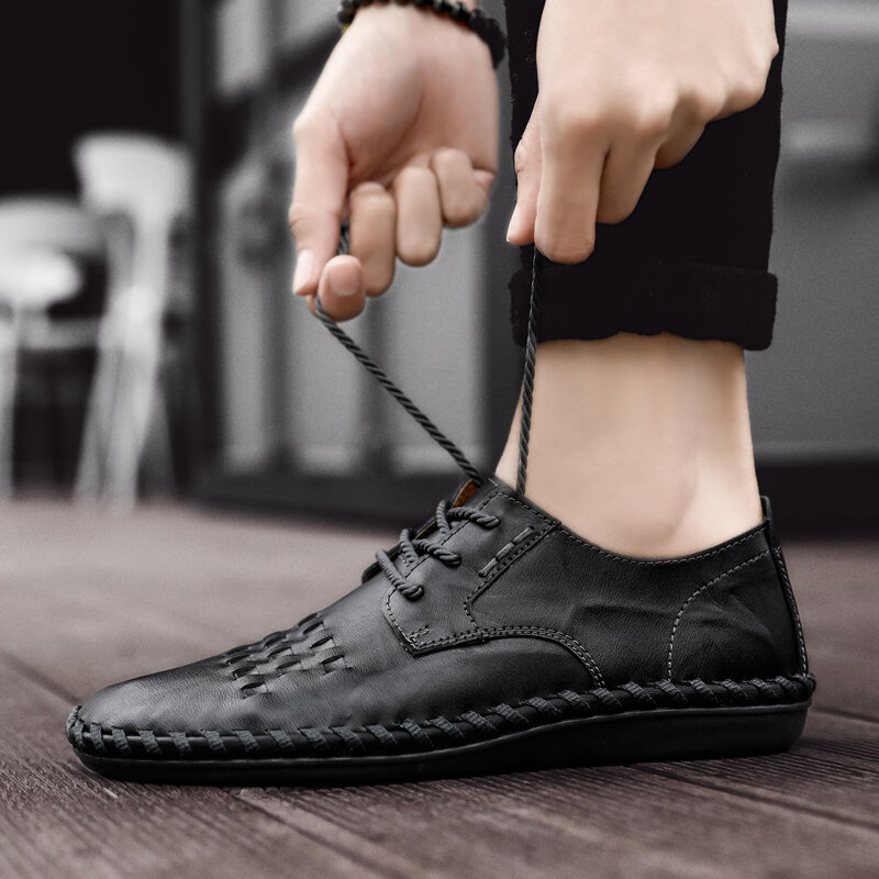 Men's genuine Leather Casual Shoes Sneakers handmade sewing Light Hard-Wearing lace up Breathable fashion Shoes big size 48 j3